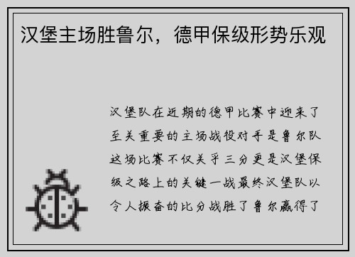 汉堡主场胜鲁尔，德甲保级形势乐观